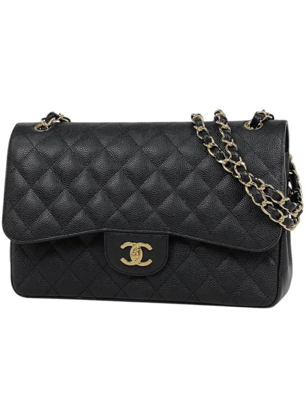 Chanel Big Quilted Shoulder Bag Double Flap CC Logo Caviar Leather Black